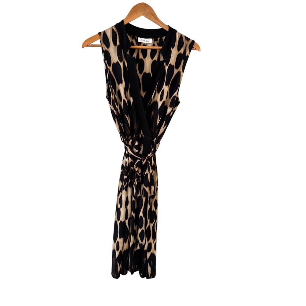 Calvin Klein Wrap Midi Dress M Brown Leopard Print Jersey Tie Belt Career